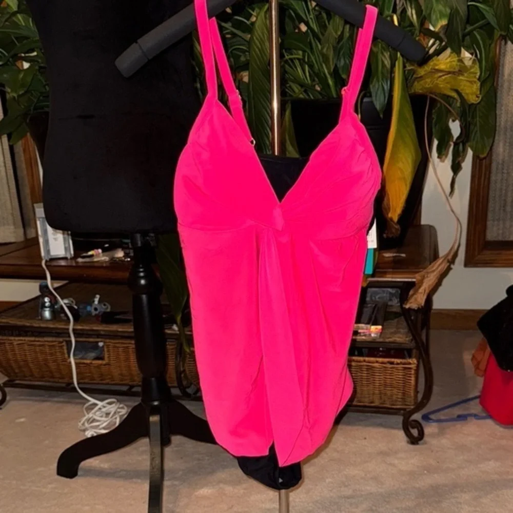 Aqua Green Pink One Piece Swimsuit V-Neck